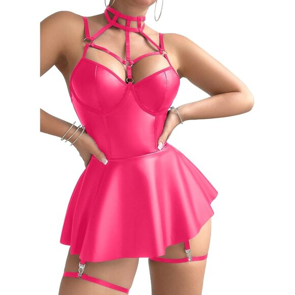 Women Hot Pink Strappy Leather Underwire Choker Garter Belt Lingerie Set Dress - Picture 3 of 6